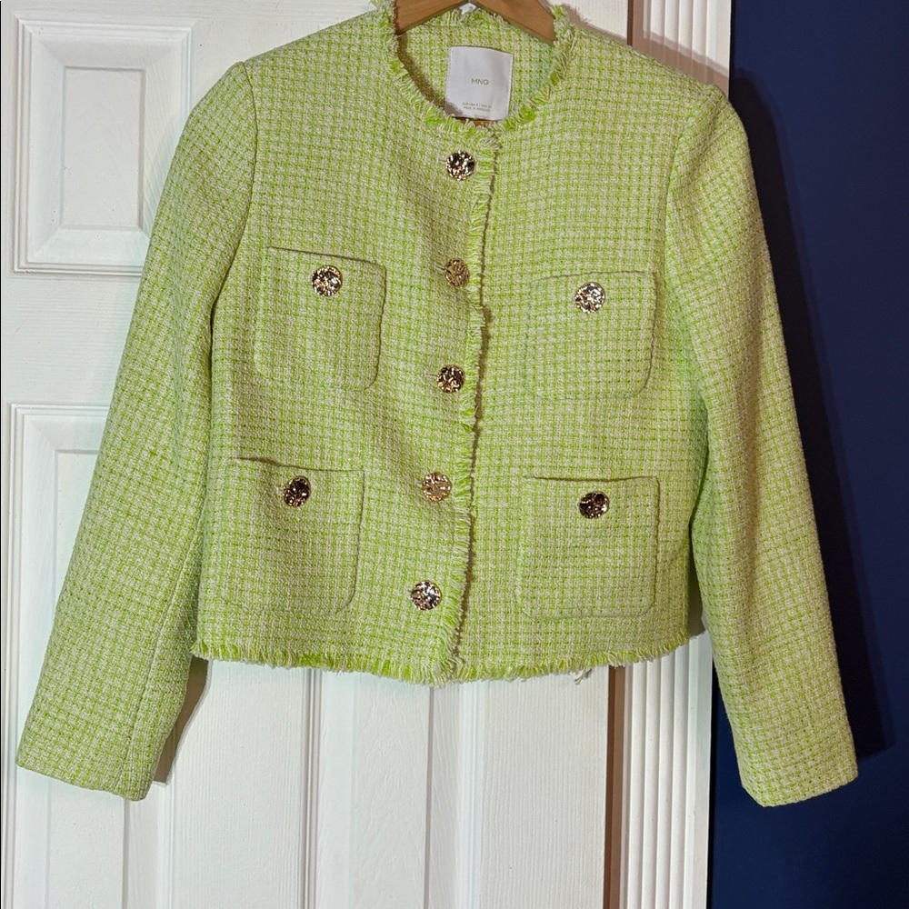 Mango MNG Tweed Preppy Boho Spring Summer Classic Blazer Jacket Lime Green - Sm - Picture 6 of 6